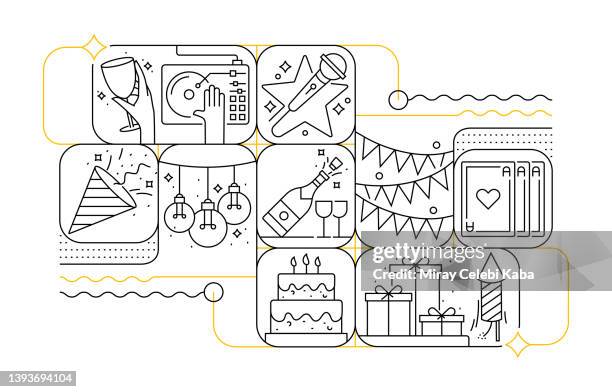 party line icon set and banner design - happy birthday banner stock illustrations