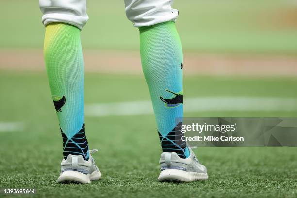 Details of the alternate uniform socks of the Tampa Bay Rays during a baseball game against the Boston Red Sox at Tropicana Field on April 24, 2022...