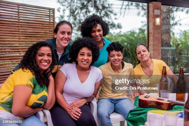 portrait of female friends at weekend barbecue - brazilian music stock pictures, royalty-free photos & images