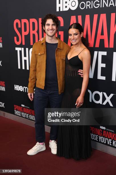 Darren Criss and Lea Michele attend the premiere of "Spring Awakening: Those You've Known" at Florence Gould Hall on April 25, 2022 in New York City.