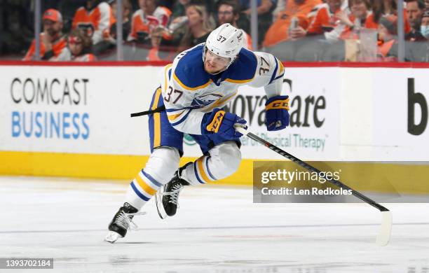 Casey Mittelstadt of the Buffalo Sabres skates against the Philadelphia Flyers at the Wells Fargo Center on April 17, 2022 in Philadelphia,...