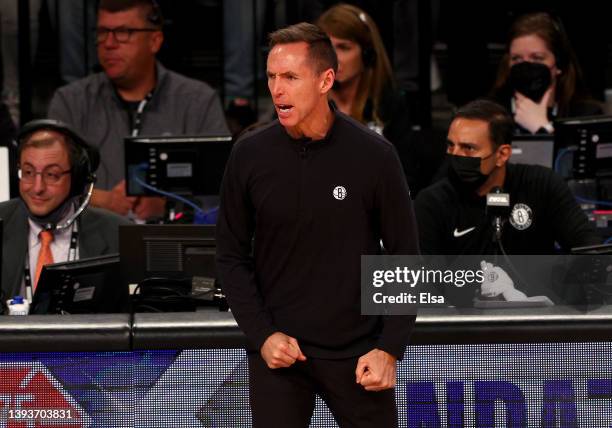 Head coach Steve Nash of the Brooklyn Nets reacts after a foul is called against one of his players in the first quarter of Game Four of the Eastern...