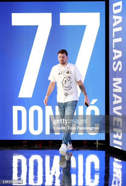 Luka Doncic of the Dallas Mavericks walks to the locker room after arriving at American Airlines Center to take on the Utah Jazz in Game Five of the...