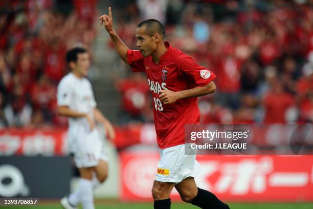 Naohiro Takahara of Urawa Red Diamonds celebrates scoring his side's second goal during the J.League J1 match between Urawa Red Diamonds and Vissel...