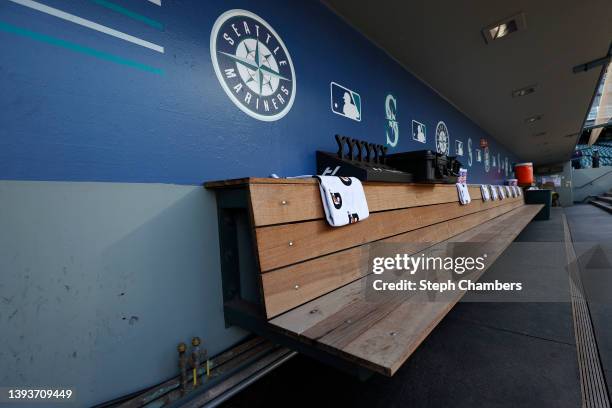 General view of the Seattle Mariners dugout is seen before the game against the Kansas City Royals at T-Mobile Park on April 23, 2022 in Seattle,...