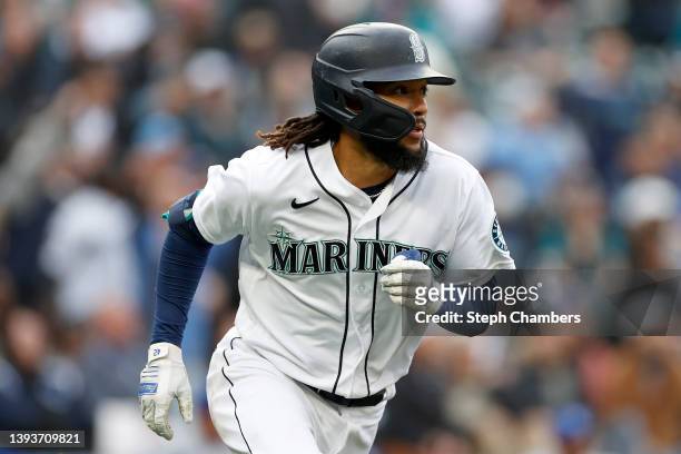 Crawford of the Seattle Mariners watches his two run home run against the Kansas City Royals during the first inning at T-Mobile Park on April 23,...