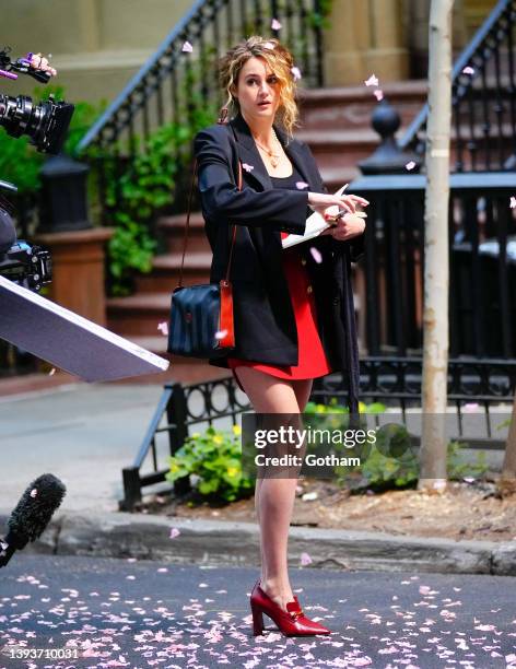 Shailene Woodley is seen filming on location for 'Three Women' on April 25, 2022 in New York City.