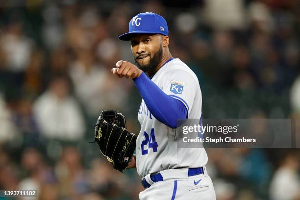 Amir Garrett of the Kansas City Royals reacts against the Seattle Mariners at T-Mobile Park on April 23, 2022 in Seattle, Washington.