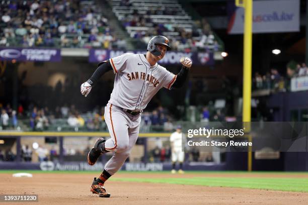 Joc Pederson of the San Francisco Giants runs the bases following a two run home run during the eighth inning against the Milwaukee Brewers at...