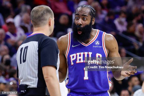 James Harden of the Philadelphia 76ers reacts to a call in the first quarter against the Toronto Raptors during Game Five of the Eastern Conference...