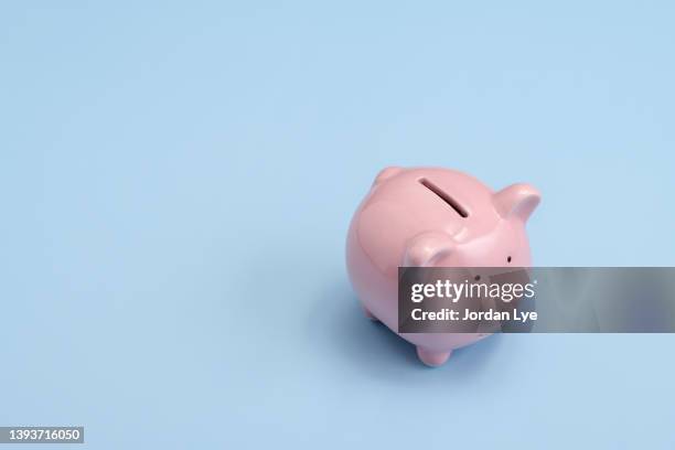 pink piggy bank on blue background. - piggy bank stock pictures, royalty-free photos & images
