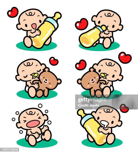 stockillustraties, clipart, cartoons en iconen met cute babies hold their own feeding bottles and bear dolls, with facial expressions of love, smiling, crying, sleeping, and drooling - cartoon beer bottles