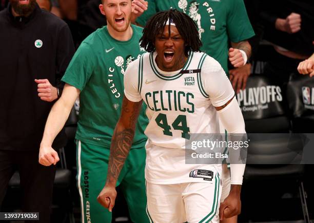 Robert Williams III of the Boston Celtics celebrates in the final minutes of the Game Four of the Eastern Conference First Round Playoffs against the...