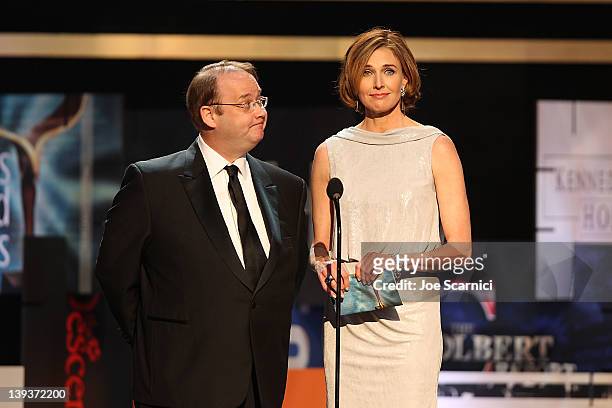 Writer/creator Marc Cherry and actress Brenda Strong speak onstage during the 2012 Writers Guild Awards at Hollywood Palladium on February 19, 2012...