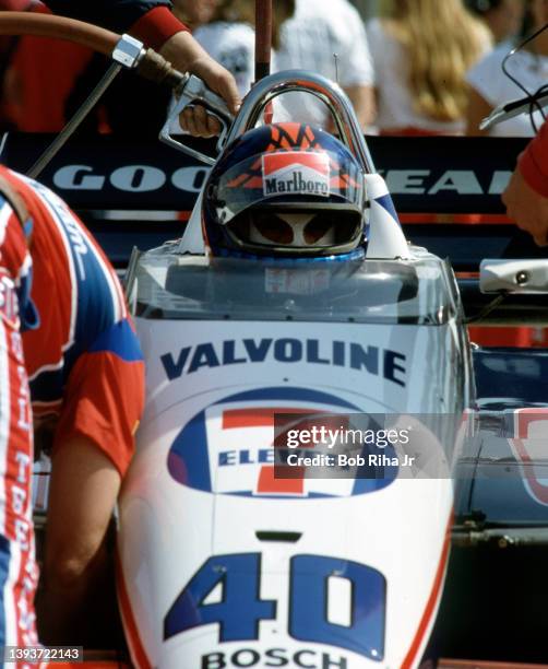 Racer Emerson Fittipaldi of Sao Paulo, Brazil gets fueled before the Toyota Long Beach Grand Prix race, April 13, 1985 in Long Beach, California.