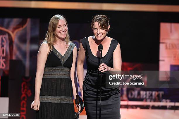 Writers Kelly Duane de la Vega and Katie Galloway accept the Outstanding Writing for a Documentary award for 'Better This World' onstage during the...