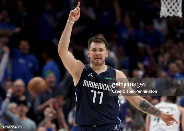 Luka Doncic of the Dallas Mavericks celebrates after scoring against the Utah Jazz in the second quarter of Game Five of the Western Conference First...