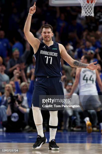 Luka Doncic of the Dallas Mavericks celebrates after scoring against the Utah Jazz in the second quarter of Game Five of the Western Conference First...