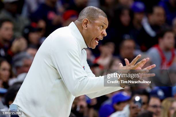 Head coach Doc Rivers of the Philadelphia 76ers reacts in the third quarter against the Toronto Raptors during Game Five of the Eastern Conference...