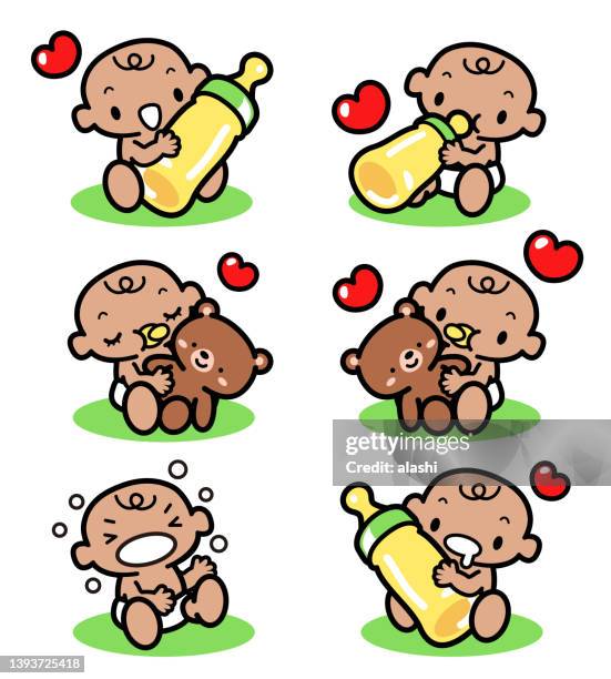 cute babies hold their own feeding bottles and bear dolls, with facial expressions of love, smiling, crying, sleeping, and drooling - baby eating toy stock illustrations