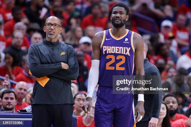 Deandre Ayton and Head coach Monty Williams of the Phoenix Suns react during Game Four of the Western Conference First Round NBA Playoffs against the...