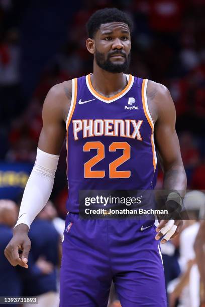 Deandre Ayton of the Phoenix Suns reacts against the New Orleans Pelicans during Game Four of the Western Conference First Round NBA Playoffs at the...