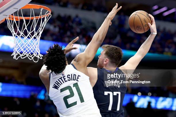 Luka Doncic of the Dallas Mavericks drives to the basket against Hassan Whiteside of the Utah Jazz in the fourth quarter of Game Five of the Western...