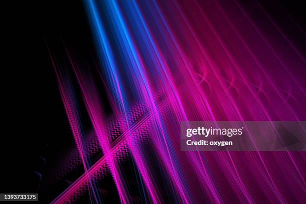 abstract  parallel lines technology neon pink purple blue stripes on black background - lilac stock-fotos und bilder