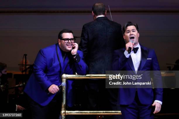 Josh Gad and Andrew Rannells perform during the New York Pops 39th Birthday Gala at Carnegie Hall on April 25, 2022 in New York City.