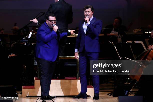 Josh Gad and Andrew Rannells perform during the New York Pops 39th Birthday Gala at Carnegie Hall on April 25, 2022 in New York City.