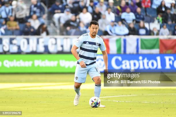 Roger Espinoza of Sporting Kansas City with the ball during a game between Real Salt Lake and Sporting Kansas City at Children's Mercy Park on March...