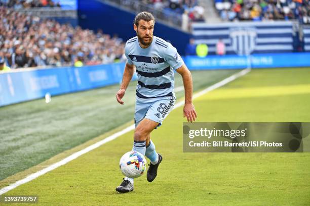 Graham Zusi of Sporting Kansas City with the ball during a game between Real Salt Lake and Sporting Kansas City at Children's Mercy Park on March 26,...