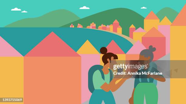 stockillustraties, clipart, cartoons en iconen met mother and daughter explore seaside town using phone while traveling together - extended family diversity