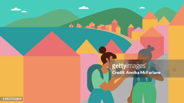 mother and daughter explore seaside town using phone while traveling together - urban mother and daughter stock illustrations