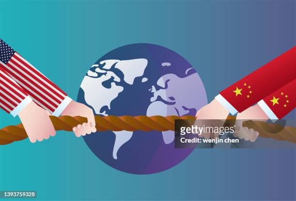 stockillustraties, clipart, cartoons en iconen met the united states and china compete in tug-of-war before the earth, and the economic, trade and political competition between the two countries - amerikaanse cultuur