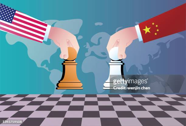 ilustrações, clipart, desenhos animados e ícones de os estados unidos e a china jogam xadrez, e os dois países competem economicamente, comercial e politicamente. - us china trade war