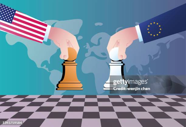 stockillustraties, clipart, cartoons en iconen met the european union and the united states play chess, and the economic, trade and political competition between the two countries - handelsoorlog