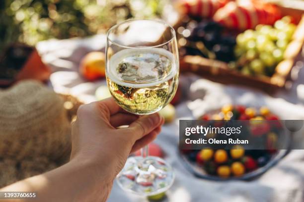 female hand holding champagne flute over picnic blanket. - food abundance stock pictures, royalty-free photos & images