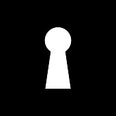 Keyhole. Key hole icon. Door keyhole. Shape of lock of door. White key hole isolated on black background. Logo for home and entrance. Vector