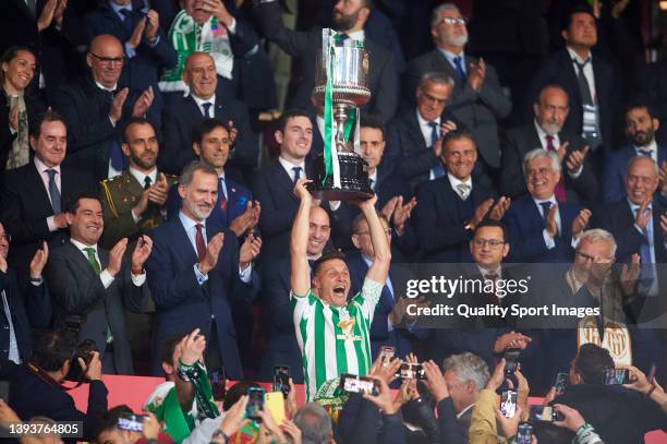 Joaquin Sanchez of Real Betis lifts the Copa del Rey Trophy after the Copa del Rey final match between Real Betis and Valencia CF at Estadio Benito...