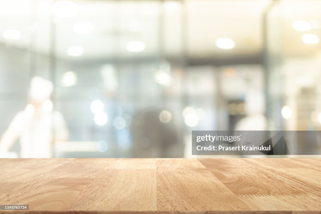 Empty wooden table top, counter mockup