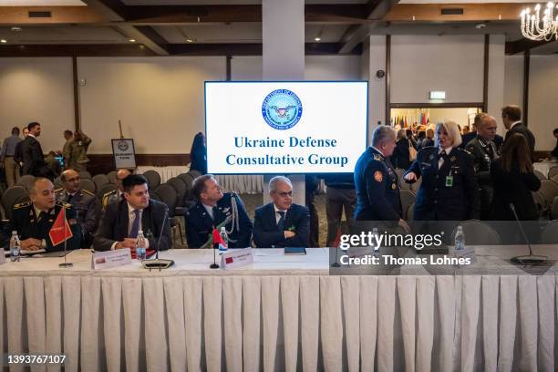 Delegates sit in the plenum of the Ukraine Security Consultative Group meeting at Ramstein air base on April 26, 2022 in Ramstein-Miesenbach,...