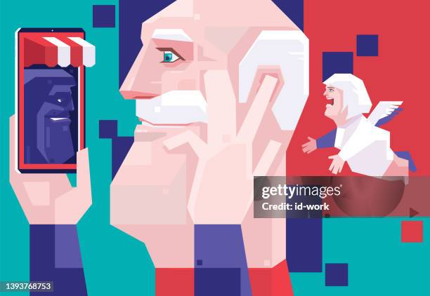 senior man meeting hacking via smartphone while senior angel blaming - phishing stock illustrations