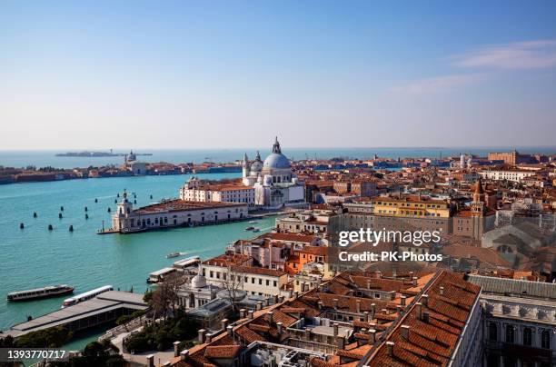 overlooking venice from campanile de san marco, venice above - venetië italië stockfoto's en -beelden