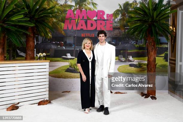Actress Carmen Machi and actor Quim Gutierrez attend 'Amor de Madre' photocall at the Rosewood Villamagna Hotel on April 26, 2022 in Madrid, Spain.