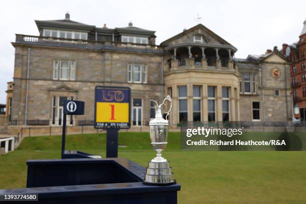 The Claret Jug sits on the first tee in front of the R&A Clubhouse at St Andrews Old Course on April 26, 2022 in St Andrews, Scotland. The 150th Open...