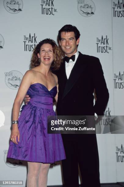 American actress Stephanie Zimbalist and Irish actor Pierce Brosnan in the press room of the Ark Trust's 10th Annual Genesis Awards, held at the...