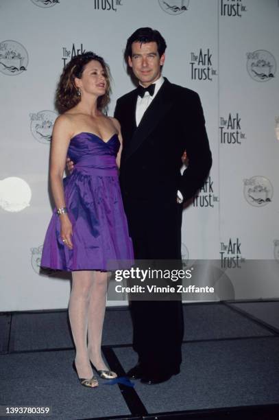 American actress Stephanie Zimbalist and Irish actor Pierce Brosnan in the press room of the Ark Trust's 10th Annual Genesis Awards, held at the...