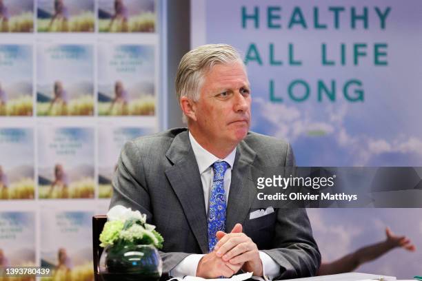 King Philippe of Belgium visits Sciensano on April 26, 2022 in Brussels, Belgium. Sciensano performs research and surveillance activities in the...