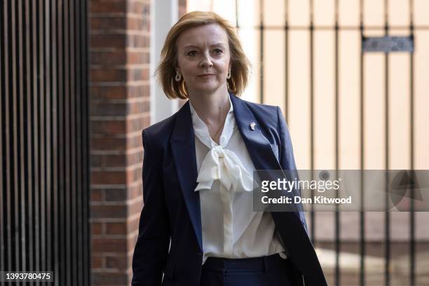 Secretary of State for Foreign, Commonwealth and Development Affairs, Minister for Women and Equalities Liz Truss leaves Downing Street after a...
